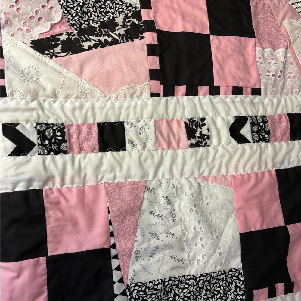 Baby or lap quilt. 36”x39” approx. pink white black and lace - Picture 3 of 14